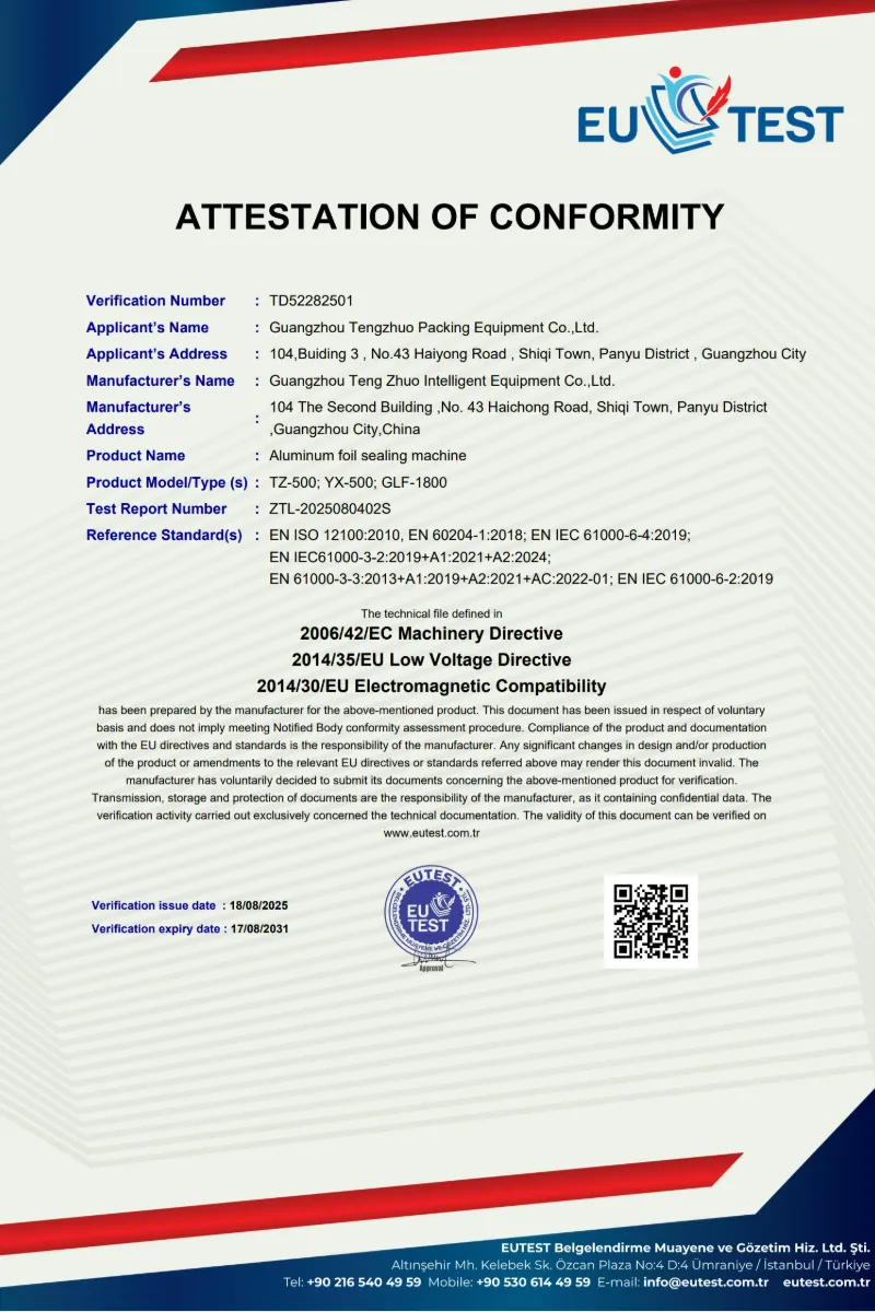 EUTEST EU Conformity Certificate for aluminum foil sealing machine