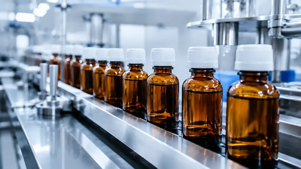 Bottle filling production line with automated packaging