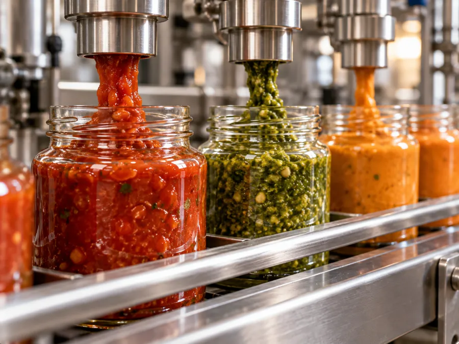 Automated sauce filling in glass jars on a conveyor