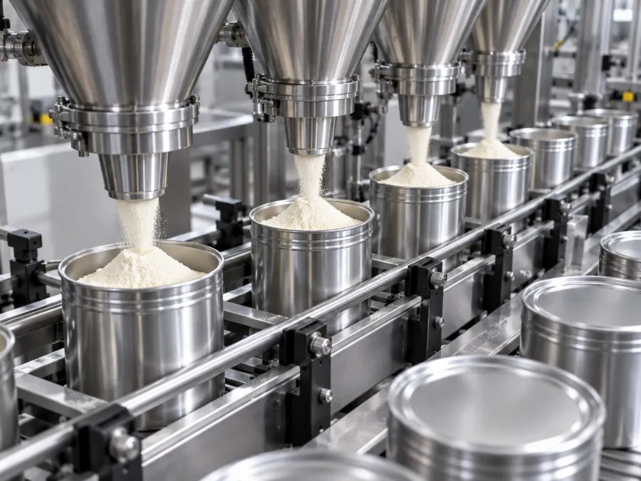 Industrial powder filling machine filling metal cans on a production line