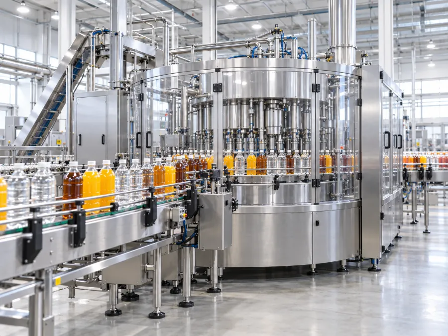 Industrial juice bottling line with rinsing, filling, and capping